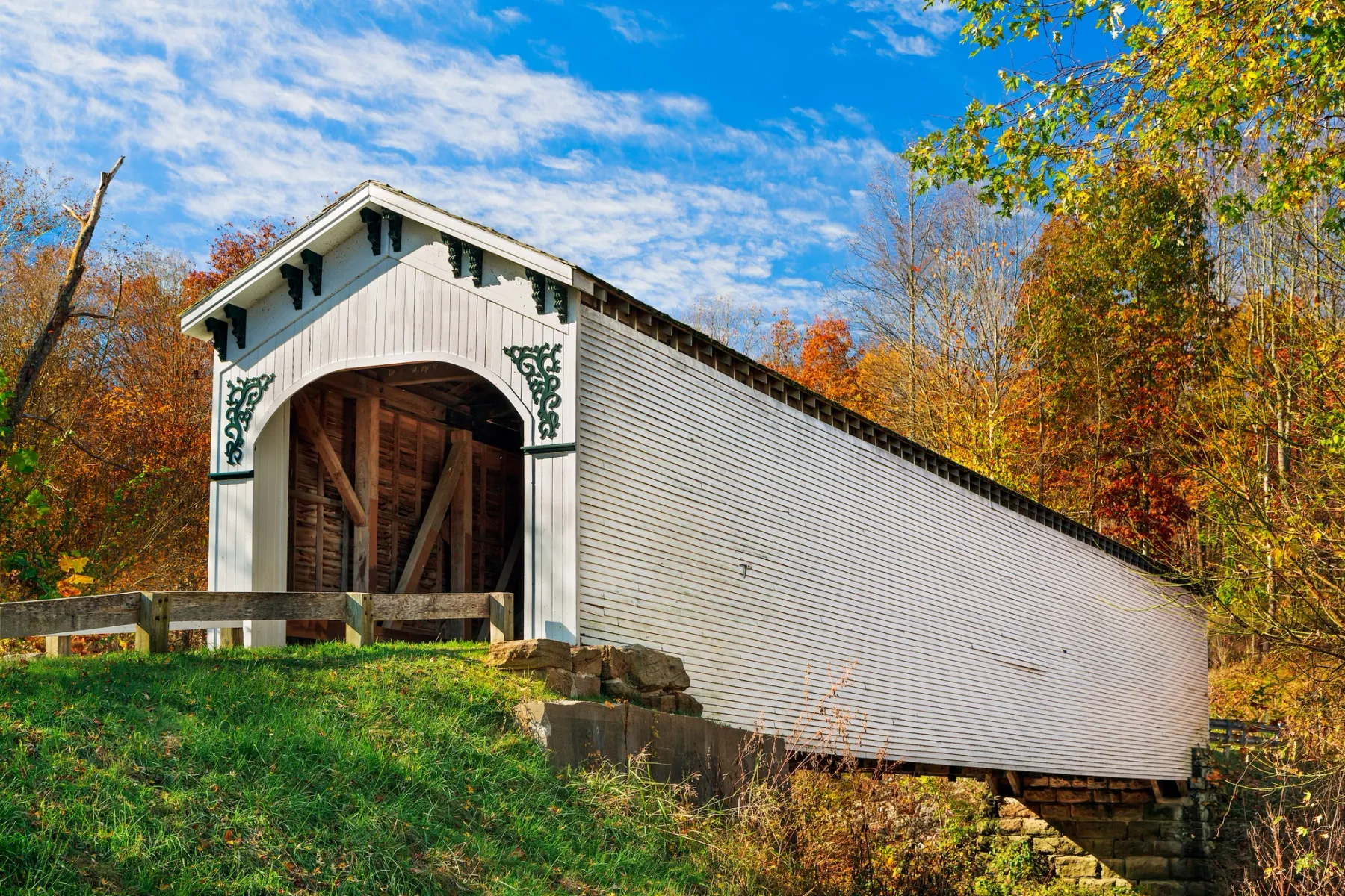 Built in 1883, Richland-Plummer Creek Covered Bridge is listed on the National Register of Historic Places.