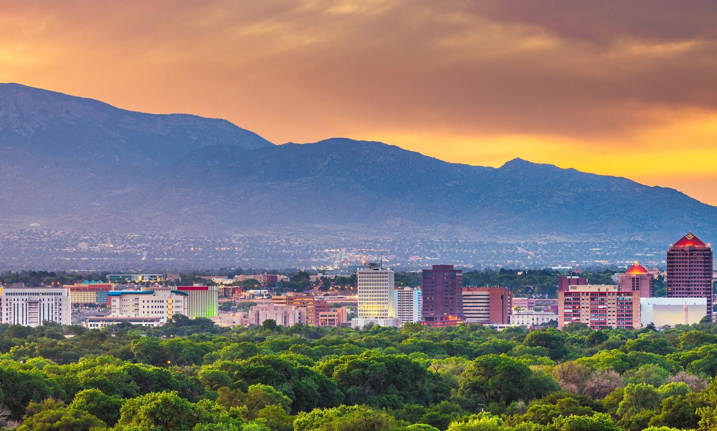 The Sandia Mountains provide a beautiful backdrop for the Albuquerque skyline.