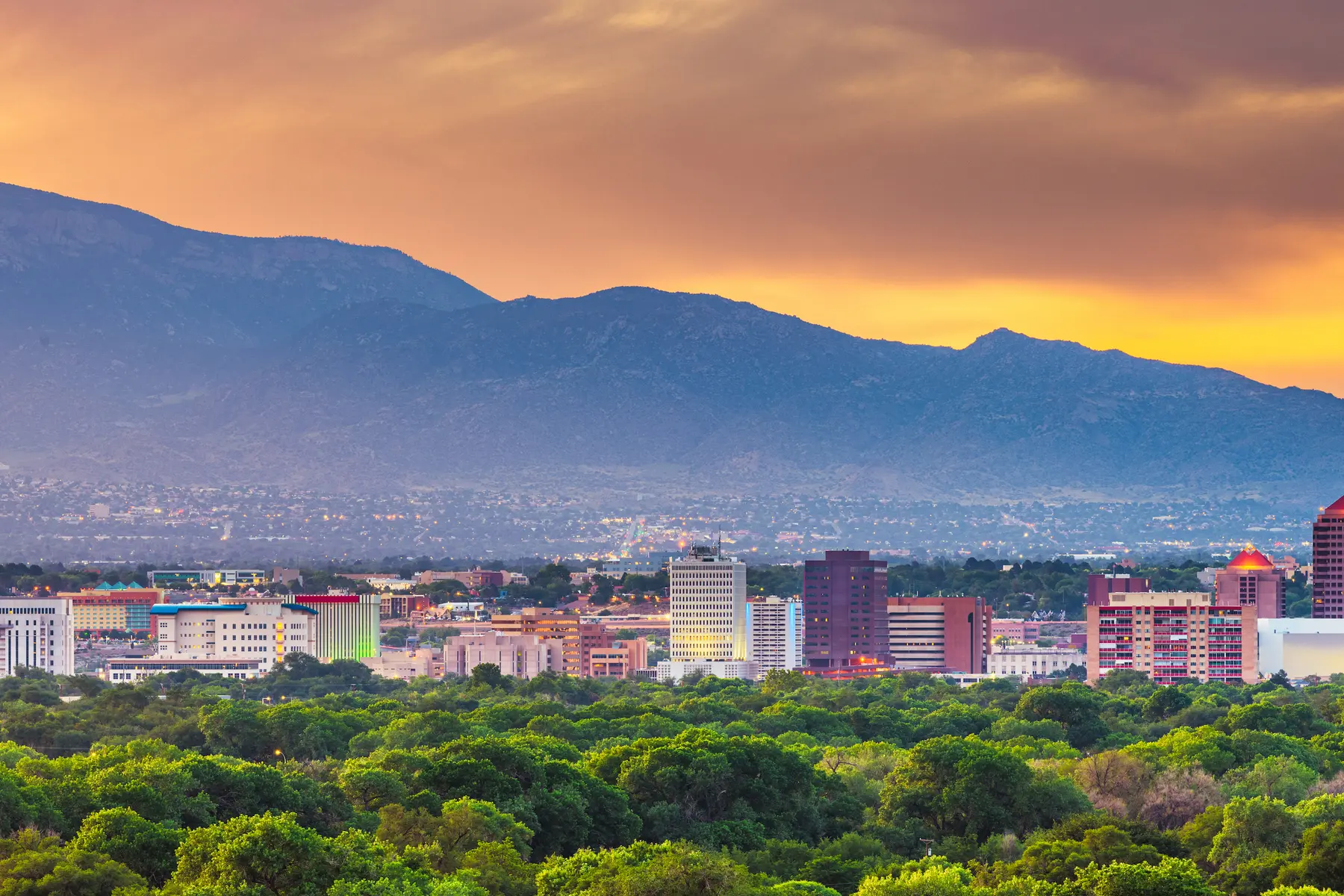 The Sandia Mountains provide a beautiful backdrop for the Albuquerque skyline.