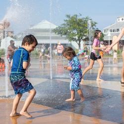The Whirlpool Compass Fountain, a free splash-pad located at Silver Beach in St. Joseph, Michigan (https://www.sjcity.com/parksrec/page/whirlpool-compass-fountain) (Credit: Discover Southwest Michigan)