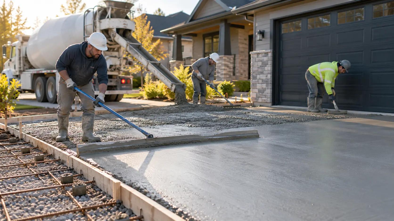 2026 concrete driveway cost infographic showing average installed prices, cost factors, and pricing by driveway size.