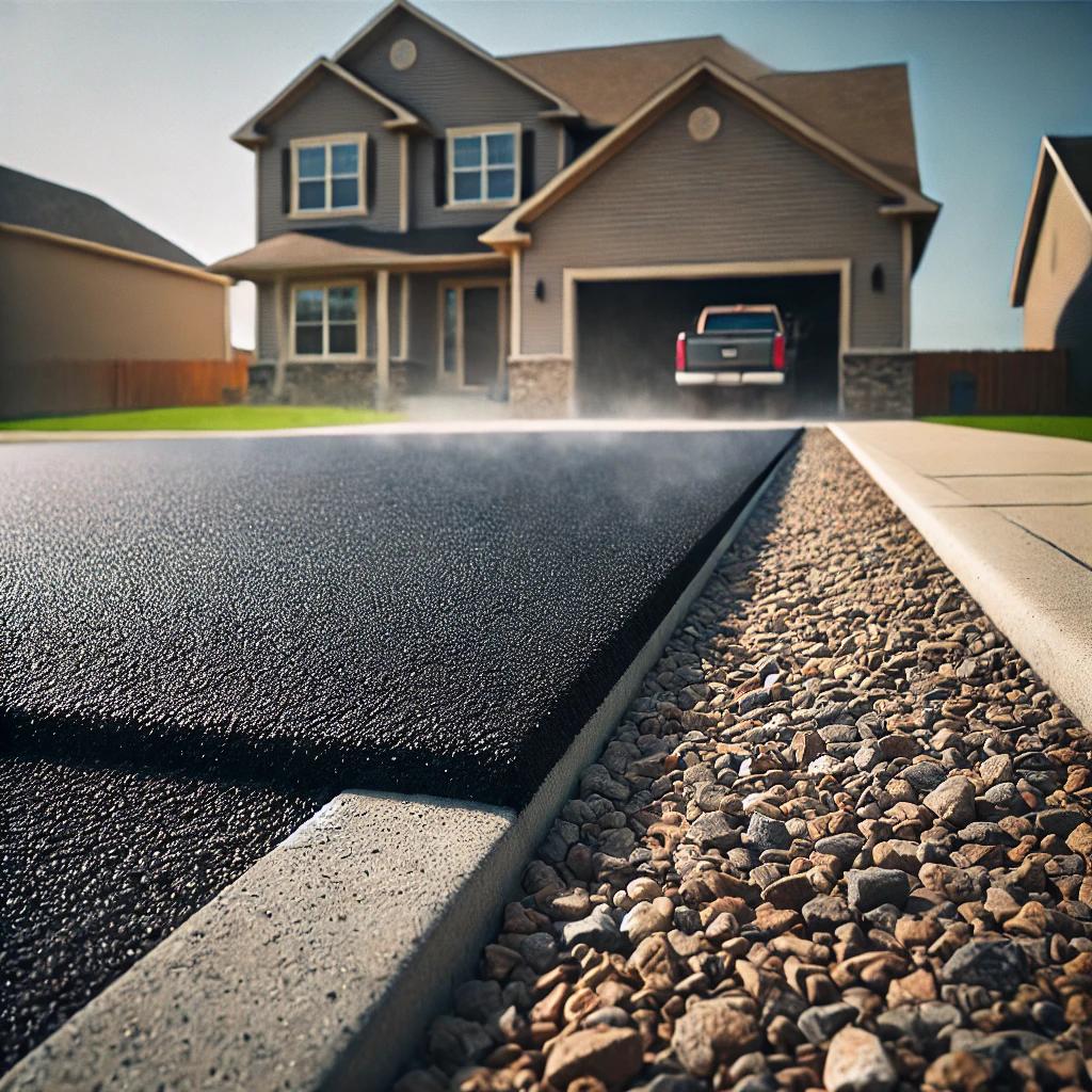 Steel vibratory drum roller compacting fresh hot-mix asphalt on a commercial parking lot with steam rising from the dark surface and yellow curbs at the perimeter