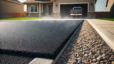 Steel vibratory drum roller compacting fresh hot-mix asphalt on a commercial parking lot with steam rising from the dark surface and yellow curbs at the perimeter
