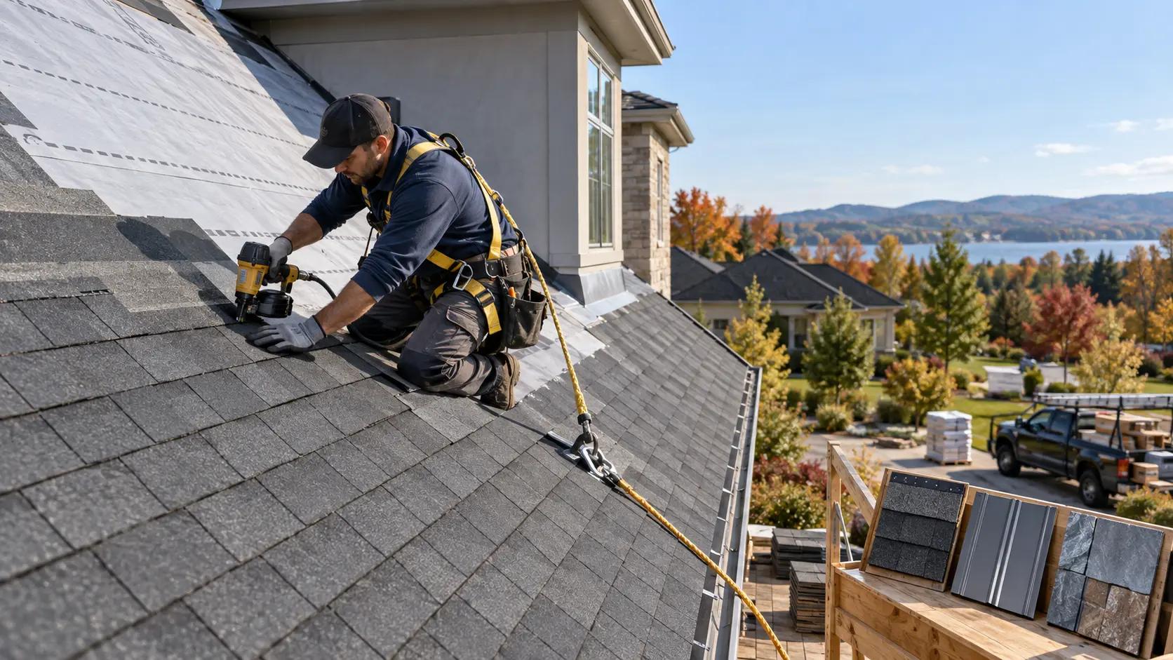 New architectural asphalt shingles being installed on a steep residential roof with chalk snap line, drip edge flashing, and stacked shingle bundles at the ridge