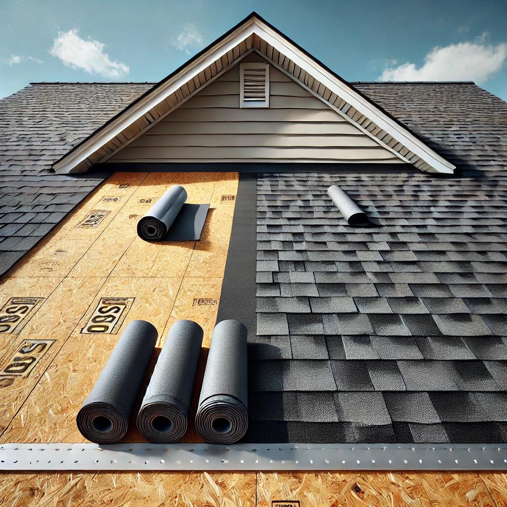 New architectural asphalt shingles being installed on a steep residential roof with chalk snap line, drip edge flashing, and stacked shingle bundles at the ridge