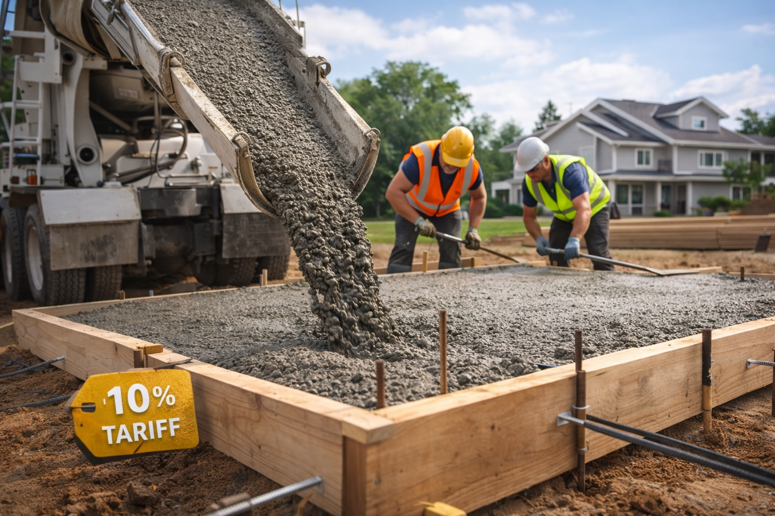 Ready-mix concrete truck pouring concrete into forms at a residential construction site in 2026