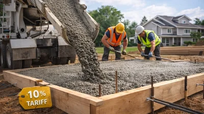 Ready-mix concrete truck pouring concrete into forms at a residential construction site in 2026