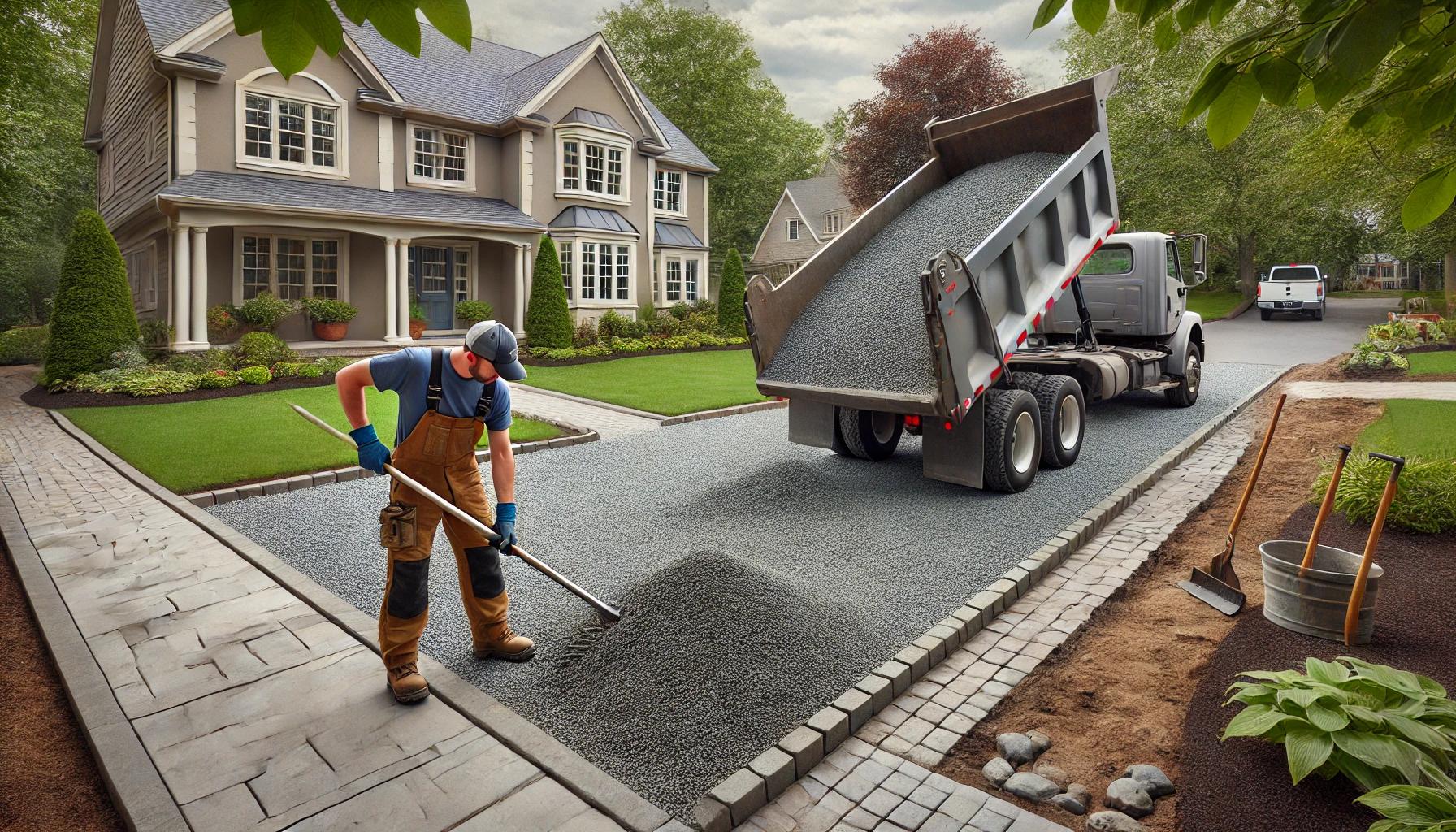 Crushed limestone gravel being spread with a landscape rake during a residential driveway installation