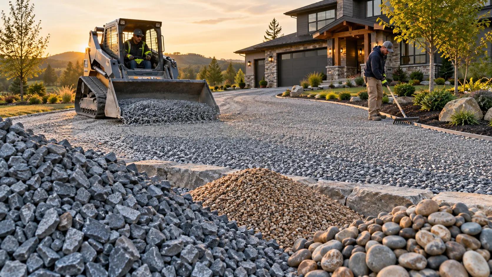 Crushed limestone gravel being spread with a landscape rake during a residential driveway installation