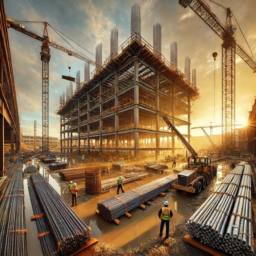 Active U.S. construction site with steel rebar and copper pipe staged in the foreground during golden hour
