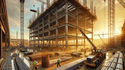 Active U.S. construction site with steel rebar and copper pipe staged in the foreground during golden hour