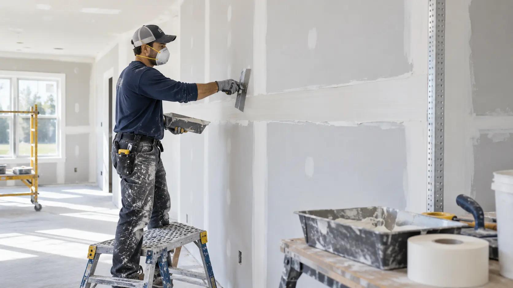 Stacked 4x8 gypsum drywall panels leaning against wood-framed walls with mud hawk, taping knife, and compound bucket on a residential construction site