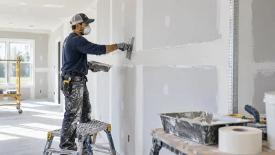 Stacked 4x8 gypsum drywall panels leaning against wood-framed walls with mud hawk, taping knife, and compound bucket on a residential construction site