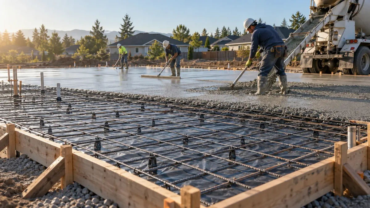 Contractor smoothing a freshly poured residential concrete slab with a bull float, with rebar and wooden formwork visible at the edges
