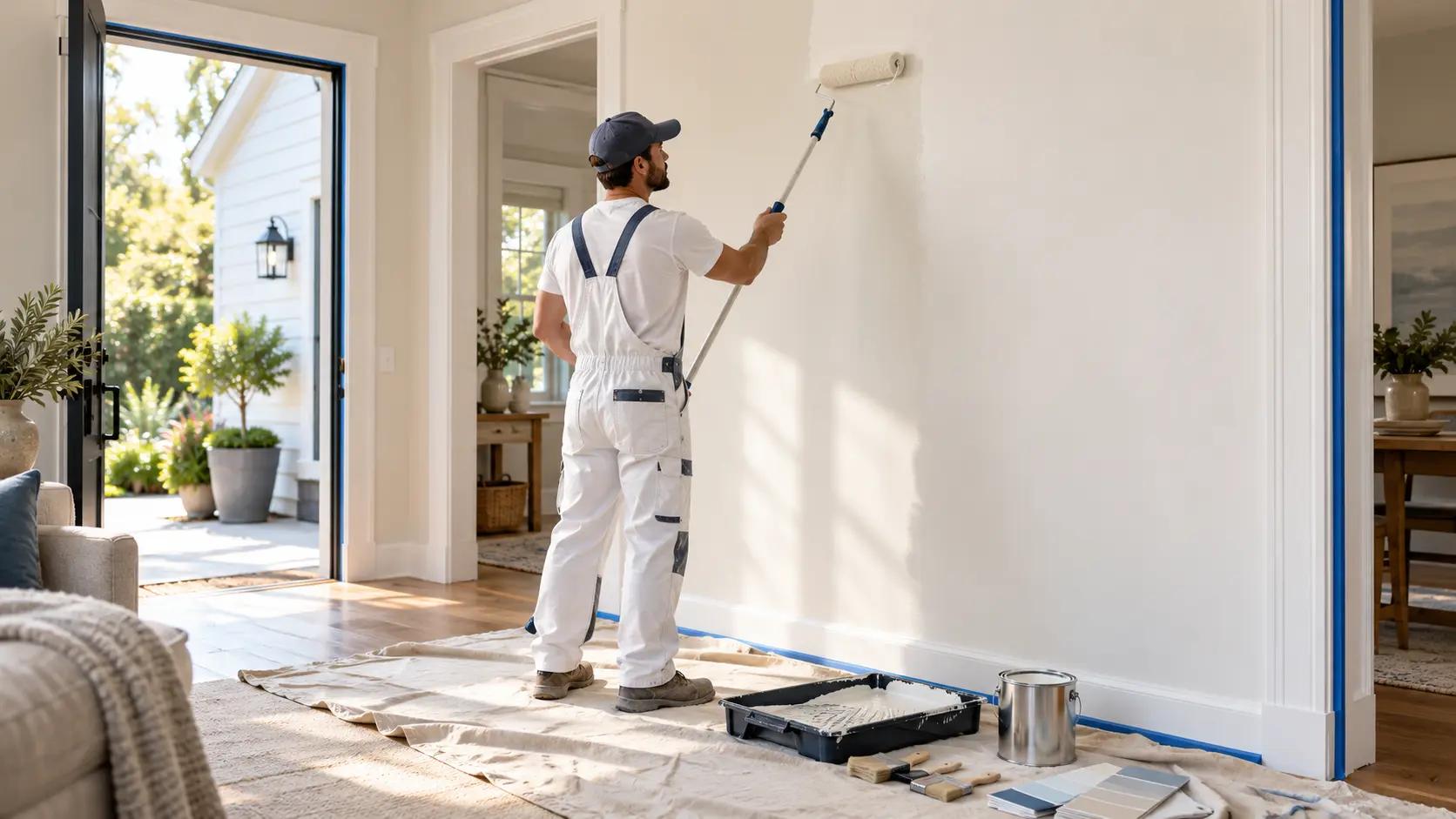 Professional interior painter's roller, tray, and 5-gallon paint bucket on a canvas drop cloth with freshly painted white walls and blue painter's tape at trim lines