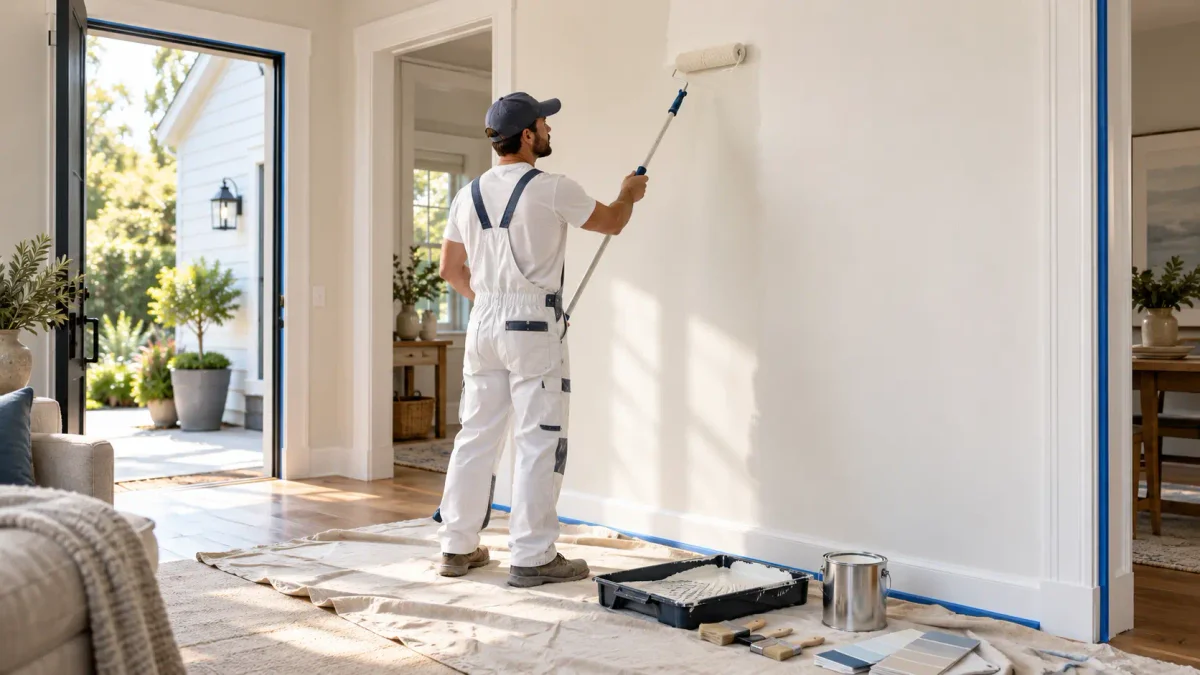 Professional interior painter's roller, tray, and 5-gallon paint bucket on a canvas drop cloth with freshly painted white walls and blue painter's tape at trim lines
