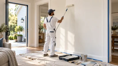 Professional interior painter's roller, tray, and 5-gallon paint bucket on a canvas drop cloth with freshly painted white walls and blue painter's tape at trim lines