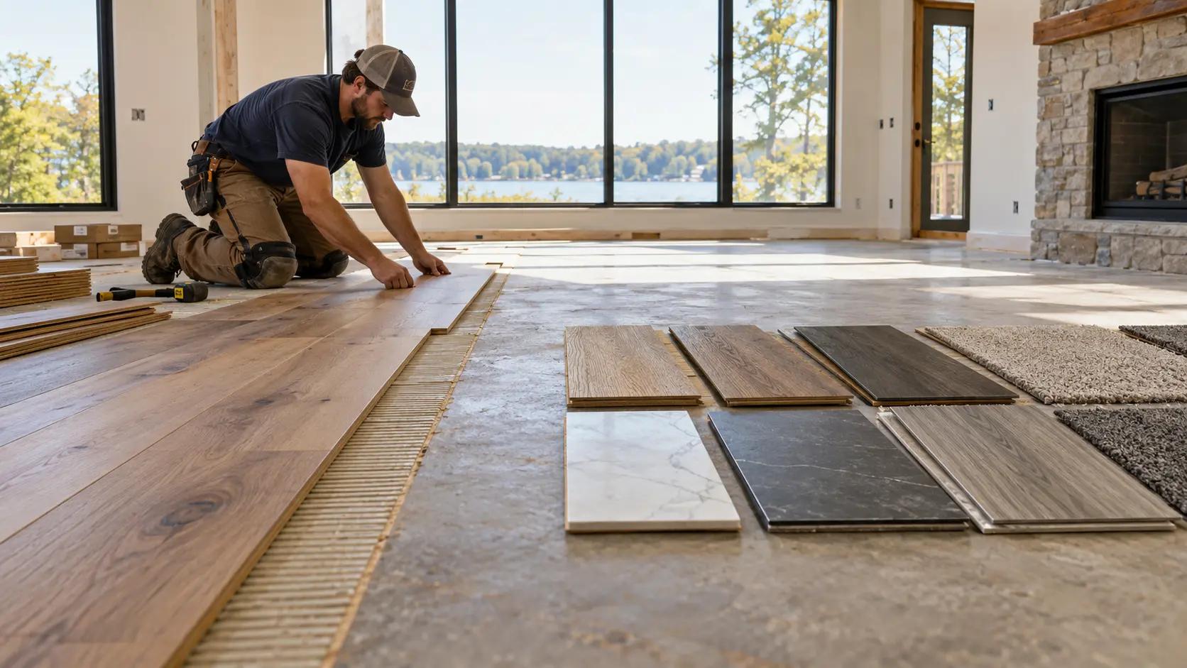 Hardwood, porcelain tile, and luxury vinyl plank flooring materials meeting at transition strips during a professional flooring installation