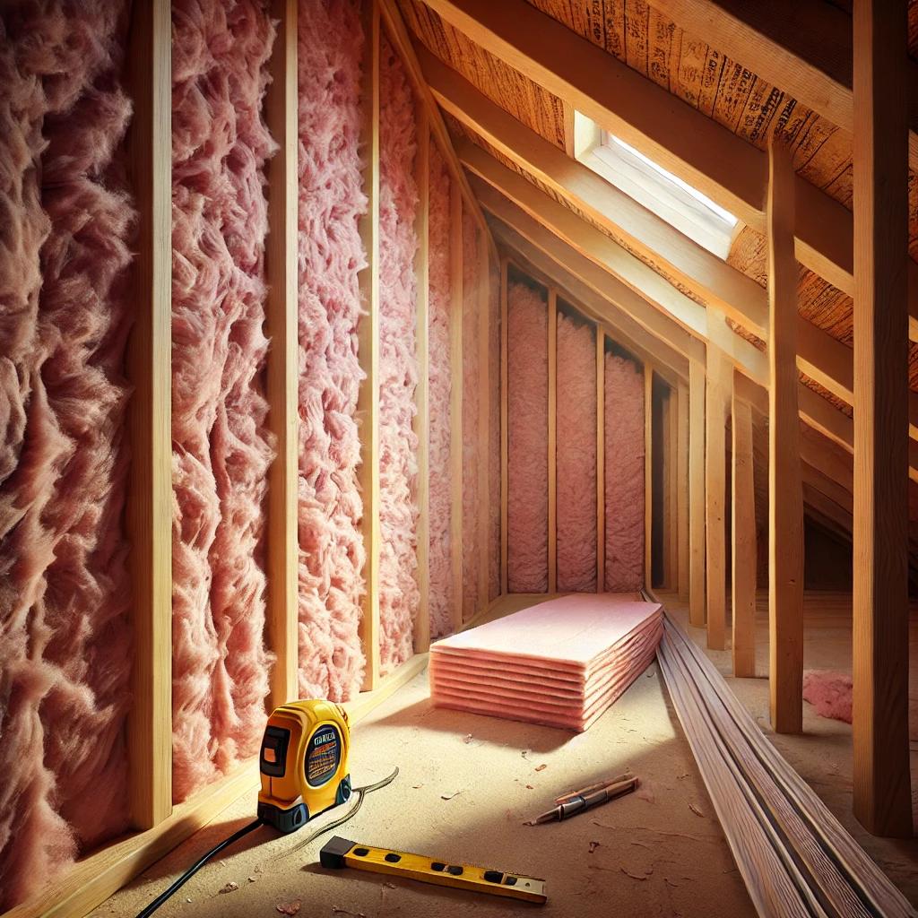 Fiberglass batt insulation on left and spray foam insulation on right installed between wood studs during a residential insulation project