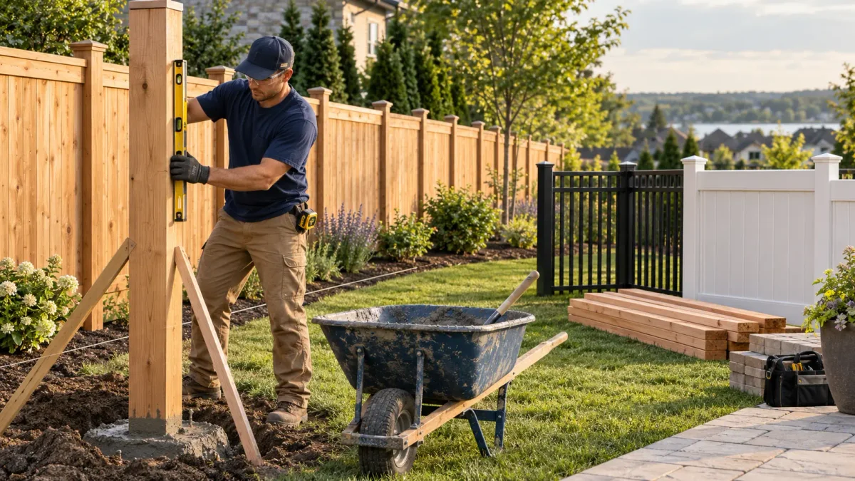 Fence contractor reviewing material samples and linear footage measurements on a job site plan for a residential fence installation estimate