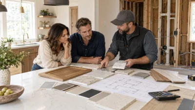 Construction project manager reviewing a printed contractor's estimate with line items on a job site table beside blueprints and a measuring tape