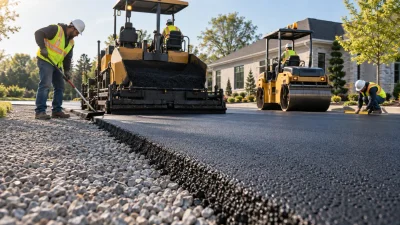 Steel vibratory drum roller compacting fresh hot-mix asphalt on a commercial parking lot with steam rising from the dark surface and yellow curbs at the perimeter