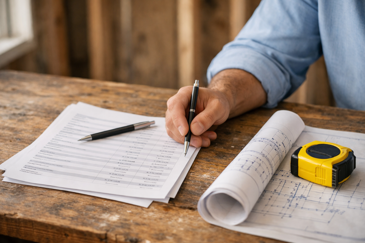 Construction project manager reviewing a printed contractor's estimate with line items on a job site table beside blueprints and a measuring tape