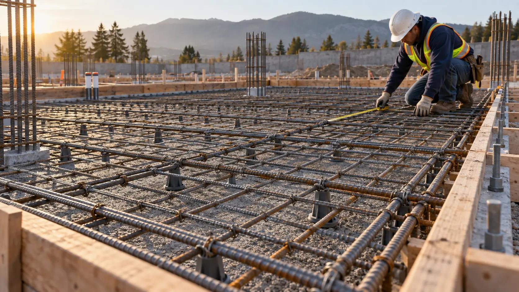 Tied rebar reinforcement grid with #4 and #5 deformed steel bars on concrete formwork deck ready for a foundation pour