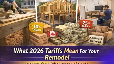 Stacked lumber at a construction site reflecting 2026 tariff-driven price increases