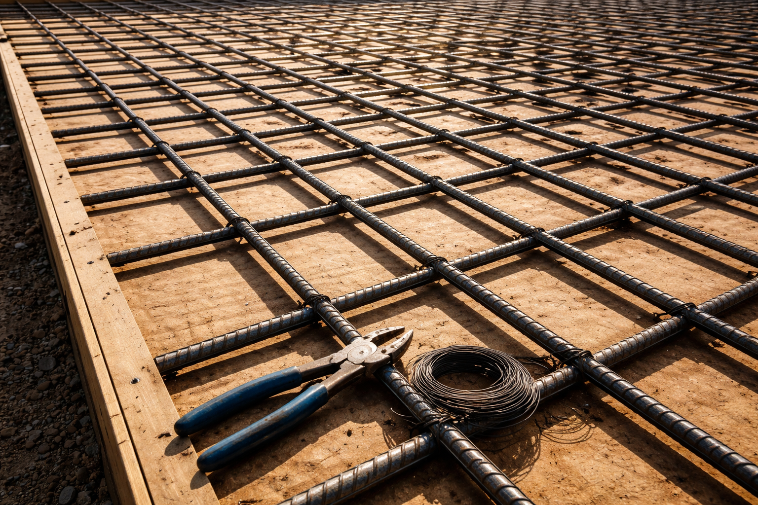 Tied rebar reinforcement grid with #4 and #5 deformed steel bars on concrete formwork deck ready for a foundation pour