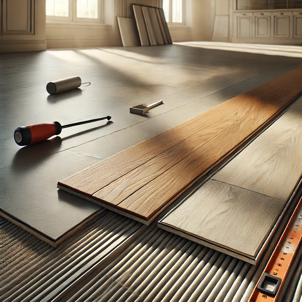 Hardwood, porcelain tile, and luxury vinyl plank flooring materials meeting at transition strips during a professional flooring installation