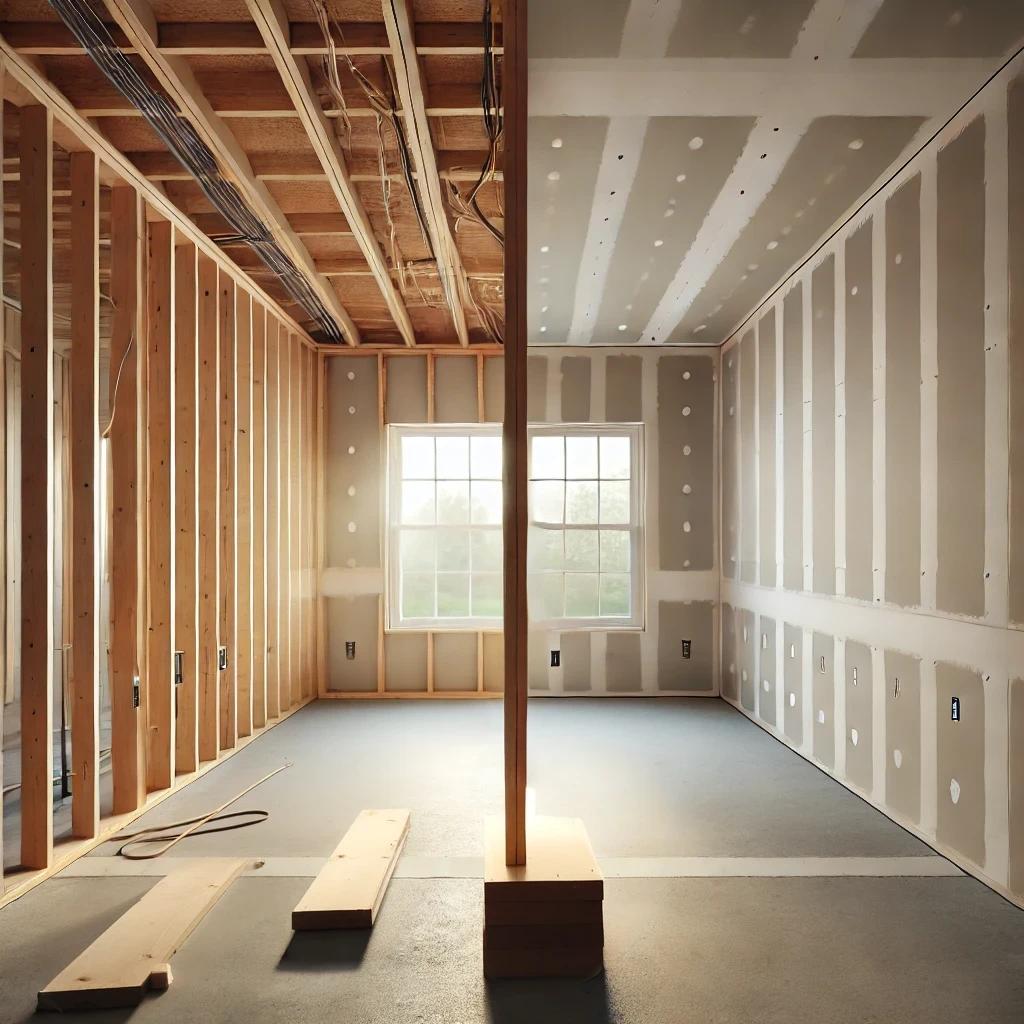 Stacked 4x8 gypsum drywall panels leaning against wood-framed walls with mud hawk, taping knife, and compound bucket on a residential construction site