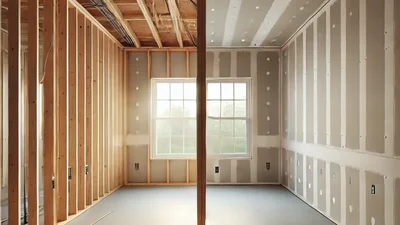 Stacked 4x8 gypsum drywall panels leaning against wood-framed walls with mud hawk, taping knife, and compound bucket on a residential construction site