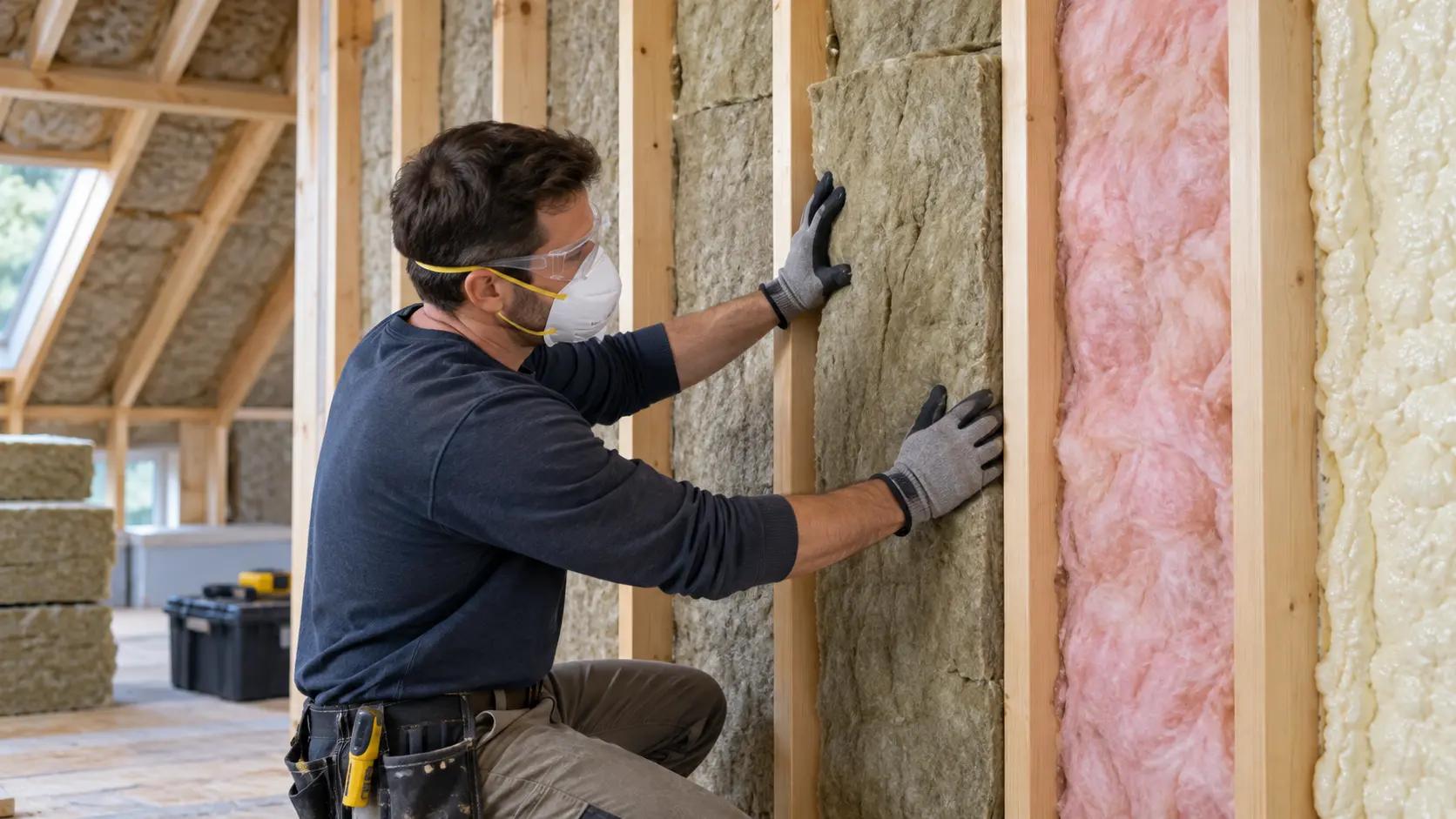 Fiberglass batt insulation on left and spray foam insulation on right installed between wood studs during a residential insulation project