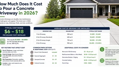 2026 concrete driveway cost infographic showing average installed prices, cost factors, and pricing by driveway size.