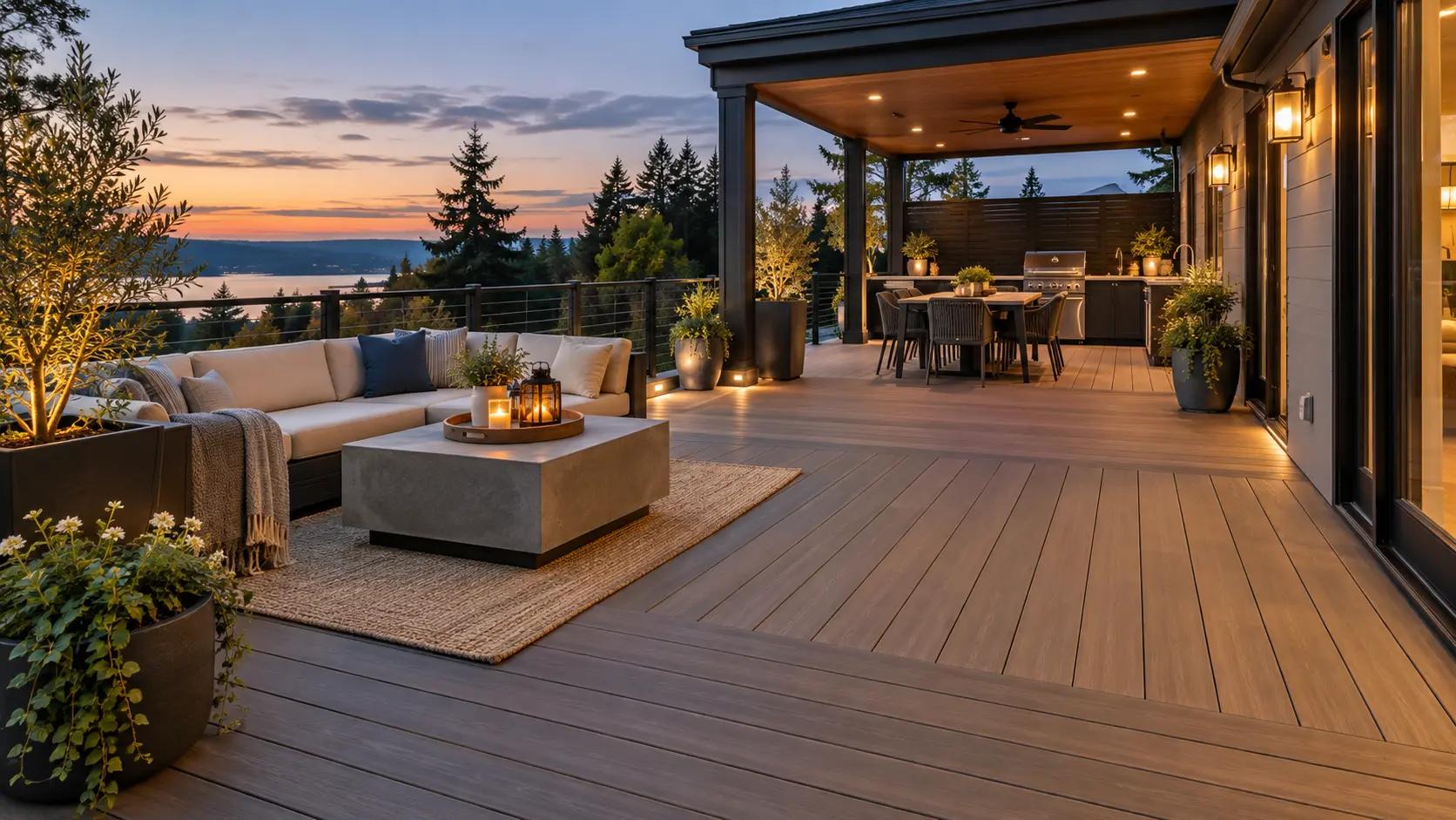Modern composite deck with outdoor furniture showcasing 2025 decking trends