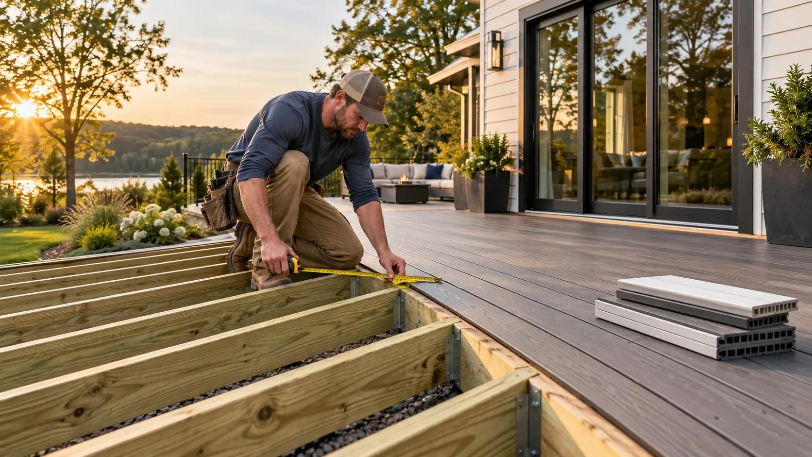 Contractor installing deck boards, showing the material choices that drive cost per square foot