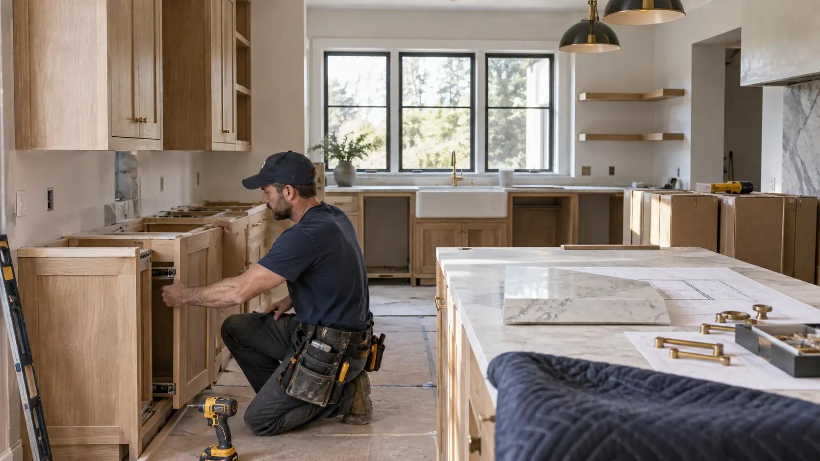 Modern kitchen remodel in progress showing new cabinets, countertops, and appliances with cost breakdown overlay illustrating 2026 tariff impacts on renovation budgets