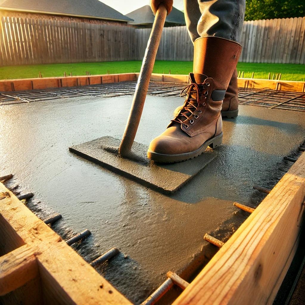 Contractor smoothing a freshly poured residential concrete slab with a bull float, with rebar and wooden formwork visible at the edges