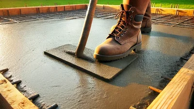 Contractor smoothing a freshly poured residential concrete slab with a bull float, with rebar and wooden formwork visible at the edges