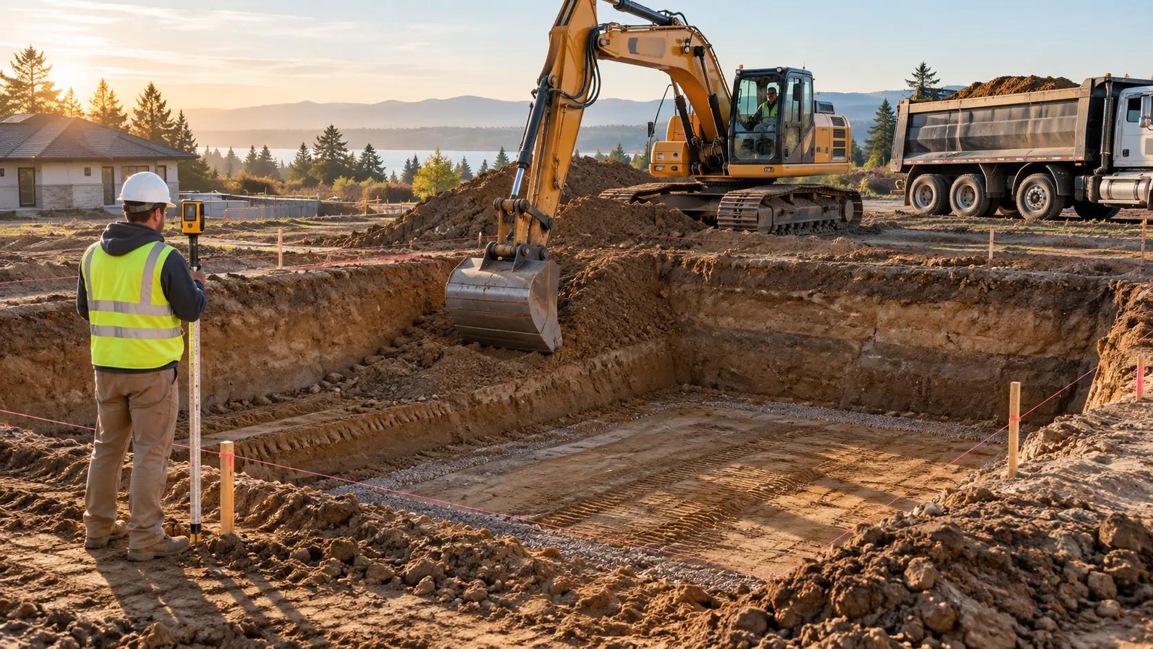 Yellow excavator digging a residential foundation pit with surveyor stakes marking the perimeter and excavated soil piled at the edges