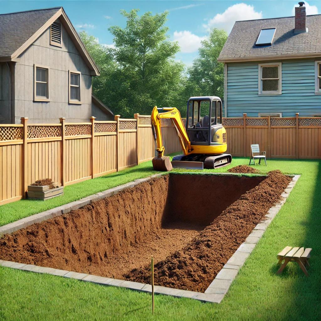 Yellow excavator digging a residential foundation pit with surveyor stakes marking the perimeter and excavated soil piled at the edges