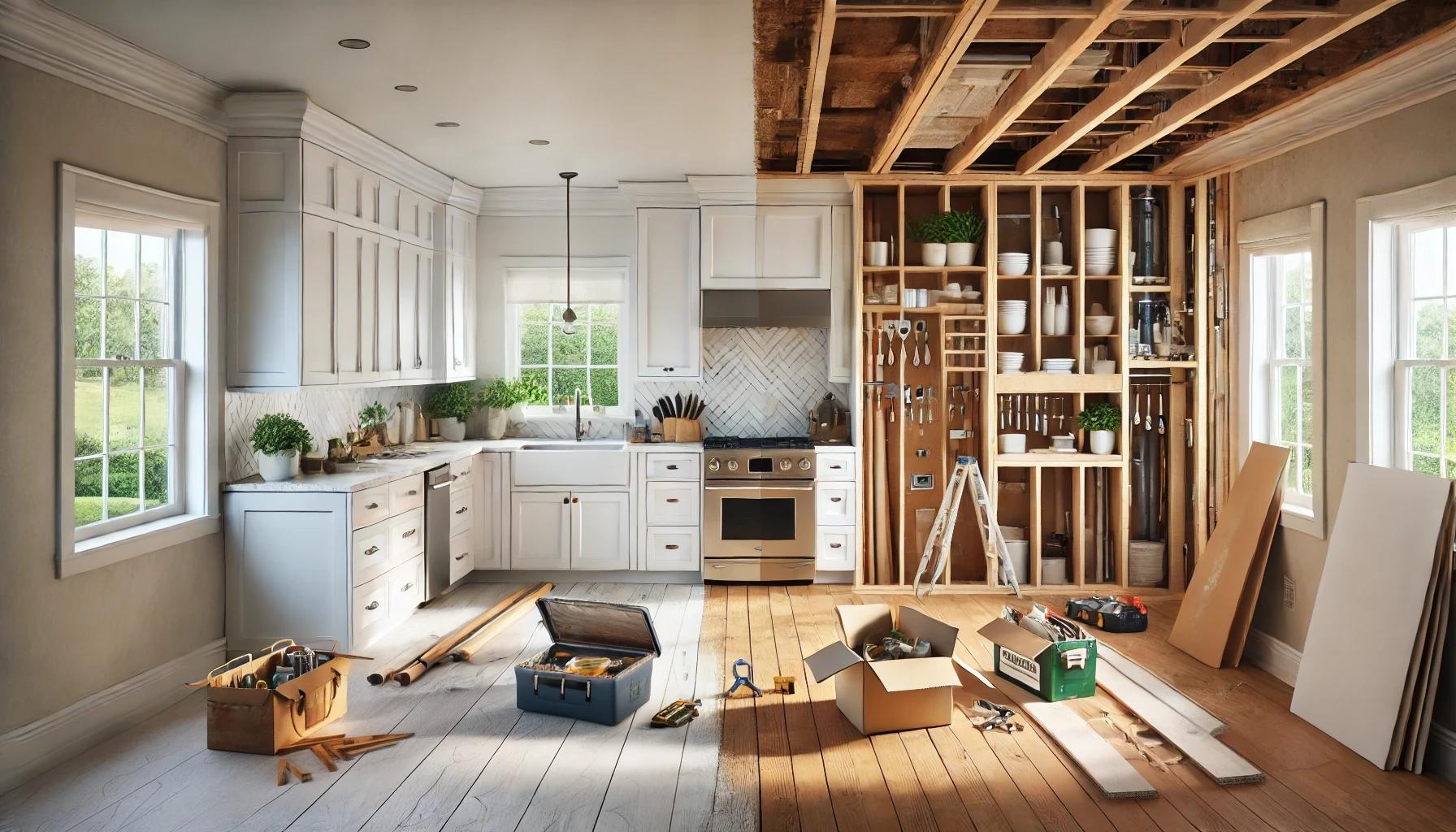 Modern kitchen remodel in progress showing new cabinets, countertops, and appliances with cost breakdown overlay illustrating 2026 tariff impacts on renovation budgets