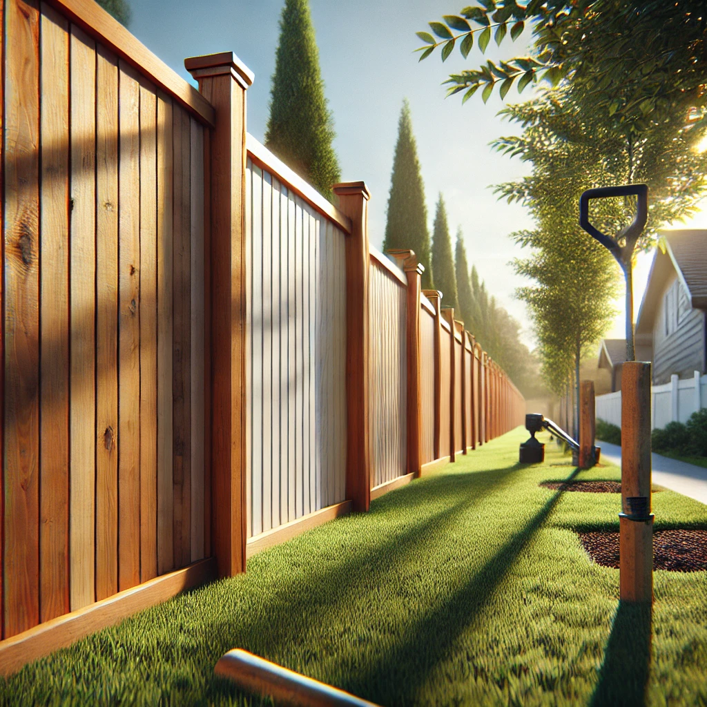 Fence contractor reviewing material samples and linear footage measurements on a job site plan for a residential fence installation estimate