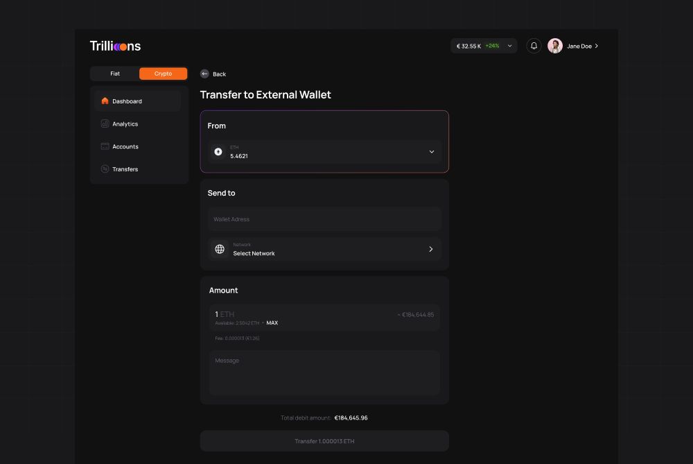 Trillions web transfer flow screen