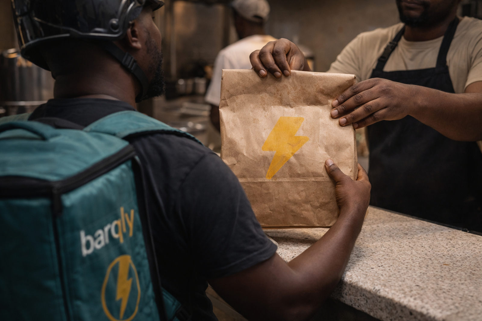A delivery handoff between rider and customer