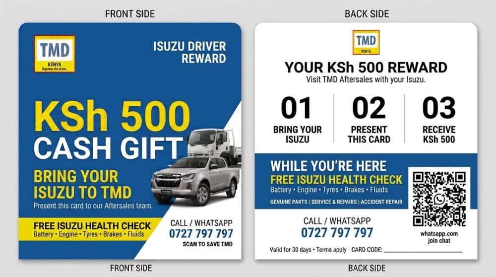 TMD Kenya Isuzu Driver Reward card offering a KSh 500 cash gift and a free Isuzu health check.