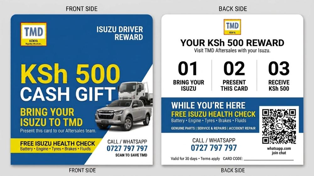 TMD Kenya Isuzu Driver Reward card offering a KSh 500 cash gift and a free Isuzu health check.