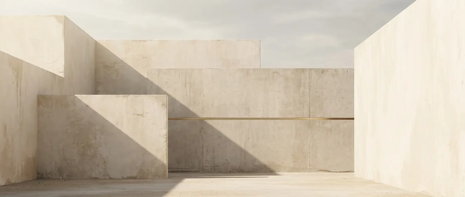 Pale plaster walls in raking daylight, a single gold line running through the shadow