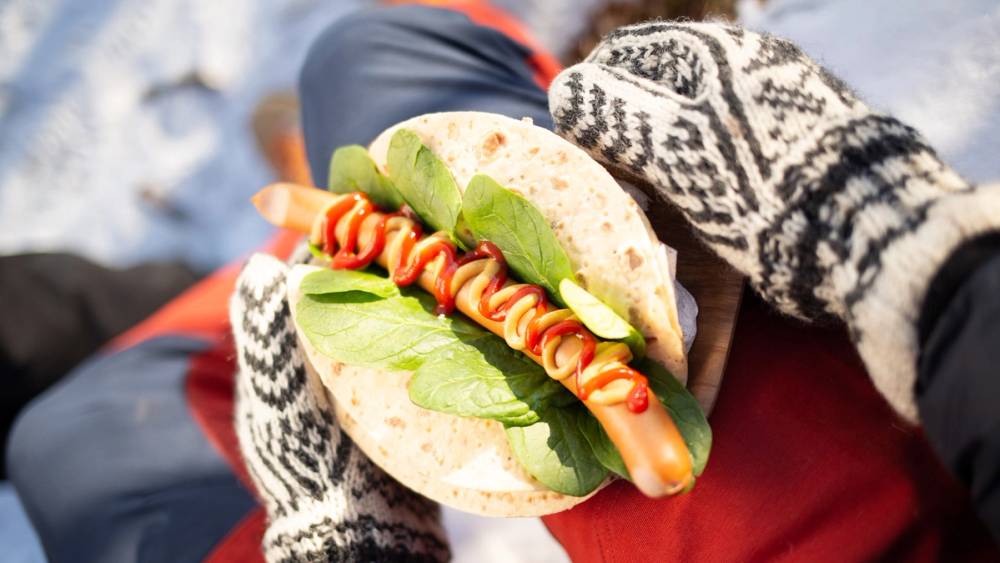 Nærbilde av wienerpølse i lompe med salat, sennep og ketchup på tur i skogen.